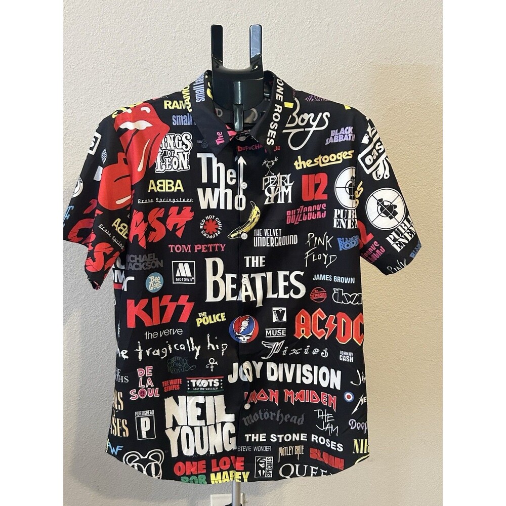 The Beatles KISS Pink Floyd AC/DC Rock Band Logo Collage Button Up Shirt Men M